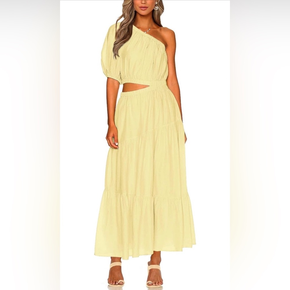 Women Boho One Shoulder Maxi Dress Short Sleeve Cutout Elastic Waist Long Flowy
